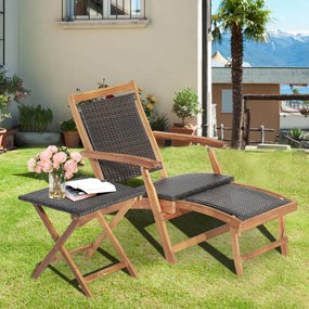 Conjunto de espreguiçadeira com mesa jardim retrátil PE Vime dobrável Móveis externos em madeira de acácia para pátio jardim