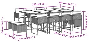 13 pcs conjunto de jantar p/jardim com almofadões vime PE preto