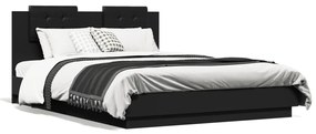 Estrutura de cama com cabeceira e luzes LED 150x200 cm preto