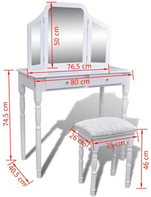 Toucador com espelho 3-em-1 e banco 2 gavetas branco