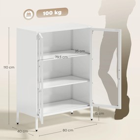 Armário de escritório 80 x 40 x 110 cm com 2 portas de vidro, 2 prateleiras ajustáveis, móvel de arrumação para escritório em aço, branco