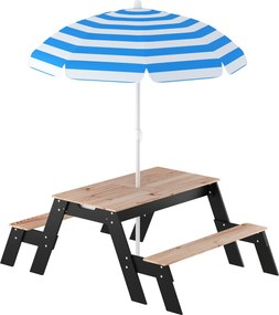 AIYAPLAY Mesa de piquenique infantil com guarda-sol, 3 em 1 salão de jardim em madeira para crianças 3-6 anos com 2 caixas, natural | Aosom Portugal