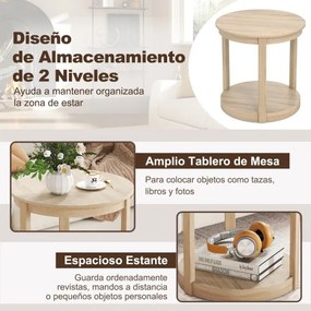Mesa de centro redonda, mesa apoio, mesa cabeçeira 60,5 x 61 cm com 2 níveis em madeira de caucho Mesa auxiliar estilo rústico cor carvalho