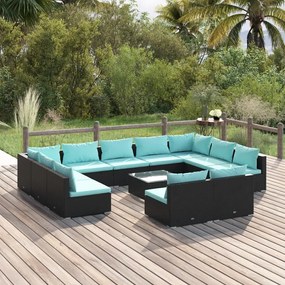 vidaXL 12 pcs conjunto lounge de jardim c/ almofadões vime PE preto