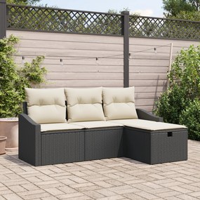 Conjunto de Sofá de Jardim de 4 Peças com Almofadas Pretas de Rattan P