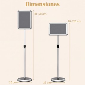 Suporte de Chão (1 Unidade) para Cartazes A4, 30 x 21 x 81-131 cm, Altura Ajustável, Prateado