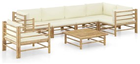 vidaXL 7 pcs conj. lounge p/ jardim em bambu c/ almofadões branco nata