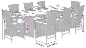 9 pcs conjunto de jantar p/ jardim c/ almofadões vime PE cinza