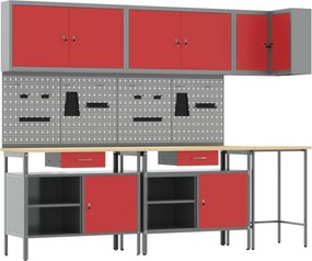 vidaXL Conjunto de Armários de Trabalho Manual 10 pcs Vermelho e Cinza