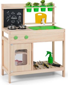 Cozinha infantil de madeira com lousa, fogão, torneira, pia e acessórios para crianças a partir dos 3 anos Natural