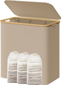 Cesto da roupa suja de 150 L com tampa e 3 compartimentos, 60 x 38,5 x 70,5 cm, castanho-camelo