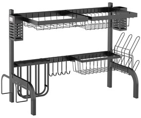 HOMCOM Escorredor Louça Aço 2 Níveis Suporte Tábua Talheres Ganchos Organização Cozinha 65x31,5x52,5cm Preto