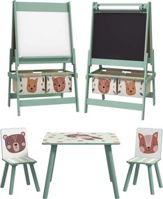 Conjunto para Crianças Inclui 1 Mesa com 2 Cadeiras Infantis e 1 Cavalete 3 em 1 com Cestos de Armazenamento Desenho de Animais Verde