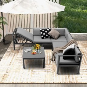 Conjunto de Sofá de jardim em Alumínio com Costas Reclináveis Mesa Reclinável Almofadas de Assento em Vidro Temperado Cinzento