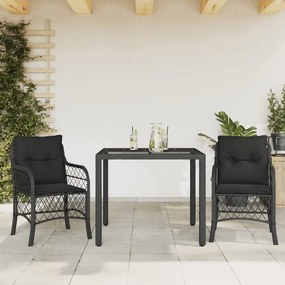 vidaXL 3 pcs conjunto de bistrô com almofadões vime PE preto