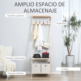 HOMCOM Suporte para Cabides de Madeira Cabideiro com Prateleiras 2 Gavetas de Tecido e 4 Ganchos para Pendurar Roupas Bolsas para Entrada Dormitório 55x37x173cm Madeira
