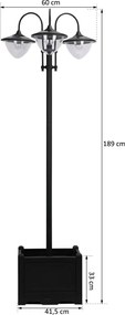 Candeeiro Solar de Jardim com Floreira – 60x55x189 cm – Preto – Luzes