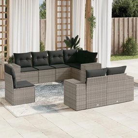 8 pcs conjunto sofás de jardim c/ almofadões vime PE cinzento