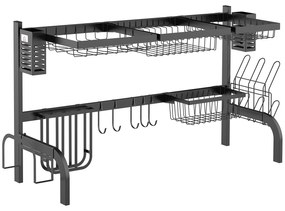 HOMCOM Escorredor Louça Aço Inoxidável 2 Níveis Prateleira Pratos Suporte Facas Talheres Espaço Otimizado 100x30x52,5 cm Preto | Aosom Portugal