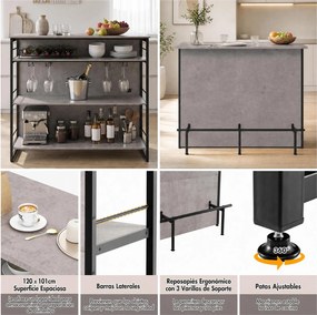 Mesa de Bar, 120 x 60 x 101 cm, Estantes Multinível, Preto e Cinzento
