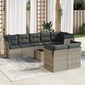 9 pcs conjunto sofás p/ jardim com almofadões vime PE cinzento