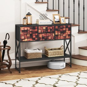 Mesa Consola com 4 gavetas em tecido 98,5 x 29 x 79,5 cm, estante, Estrutura metálica, padrão em mosaico de madeira, para corredores e espaços pequeno