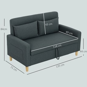 Sofá 2 Lugares Estofado em Linho Sintético com 2 Almofadas Espaço de Armazenamento Bolsos Laterais 135x71x84 cm Cinza Escuro