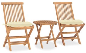 vidaXL 3 pcs conj. jantar dobrável exterior c/ almofadão teca maciça
