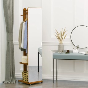 Espelho de pé com rodas 40 (L) x 44,5 (P) x 170 (A) cm com Cabide 4 ganchos e prateleira em MDF com acabamento em cor nogueira