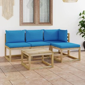 5 pcs conjunto lounge de jardim com almofadões azul-claro