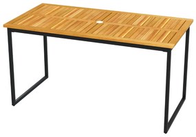 Mesa de jardim em madeira de acácia retangular, 140 cm para 6 pessoas (CADEIRAS NÃO INCLUIDAS), estrutura em metal e buraco natural e preto