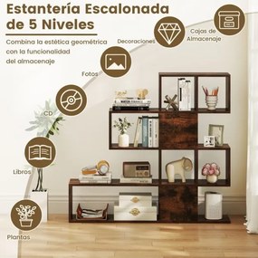 Estante com 5 prateleiras moderna em estilo escada 120 x 19,5 x 109 cm Castanha
