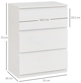 Cómoda com 3 Gavetas de Madeira Cómoda de Dormitório Cómoda Branca Estilo Moderno 55x34x75 cm Branco Brilhante