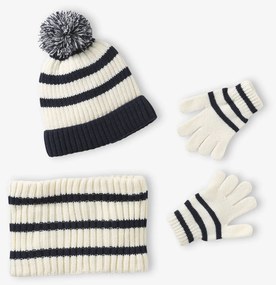 Conjunto às riscas gorro + gola snood + luvas/mitenes,  para menino  cru