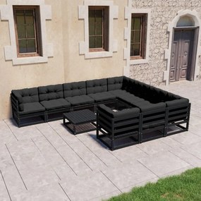 11 pcs conjunto longue jardim c/ almofadões pinho maciço preto