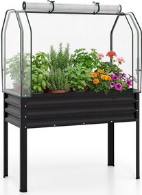 Floreira elevada com estufa 112 x 55 x 152 cm, canteiro de jardim em metal galvanizado com cobertura de proteção e porta enrolável para pátio, terraço