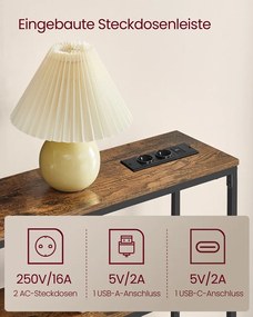 Mesa consola com prateleiras 20 x 80 x 80 cm com 2 tomadas CA, 1 porta USB-A e 1 porta USB-C Castanho vintage-Preto