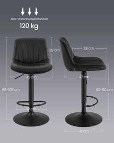 Conjunto 2 bancos bar com encosto e assento giratório 46,5 x 43 x (88-108) cm em couro sintético PU Pretos