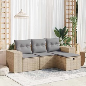 4 pcs conjunto de sofás para jardim c/ almofadões vime PE bege