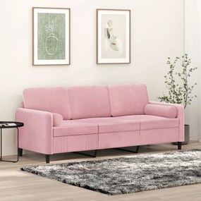 Sofá 3 lugares c/ almofadas decorativas 180 cm veludo rosa