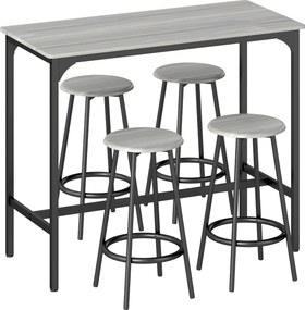 Conjunto de Móveis Altos de Bar com 5 Peças Mesa de Refeição Industrial e 4 Bancos Redondos Cinzento e Preto