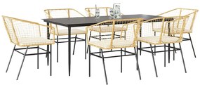 Conjunto jantar jardim 7 peças almofadas vidro vime PE castanho