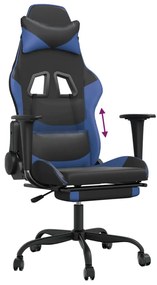 Cadeira gaming c/ apoio para pés couro artificial preto e azul