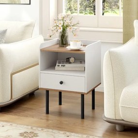 Mesa de cabeceira 40,5 x 35 x 56 cm com gaveta e prateleira aberta Pernas de metal Mesa auxiliar compacta para sala ou quarto Branco