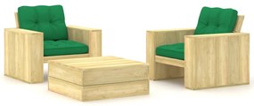 3 pcs conjunto lounge de jardim com almofadões pinho impregnado