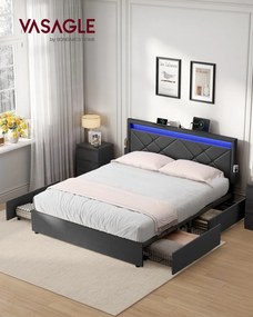 Estrutura de cama casal 180 x 200 cm (COLCHÃO NÃO INCLUIDO) em metal com iluminação LED nas gavetas e cabeceira cinzento escuro