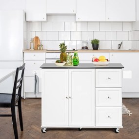Carrinho de ilha de cozinha com bancada em aço inoxidável Estantes ajustáveis Gavetas 135 x 45,5 x 91,5 cm Branco
