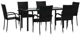 7 pcs conjunto de jantar para jardim vime PE preto