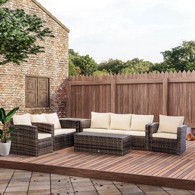 Conjunto de Jardim Exterior de Vime 6 Peças Almofadas Sofá de Dois Lugares Sofá de Três Lugares 2 Cadeiras 2 Mesas Auxiliares Cáqui
