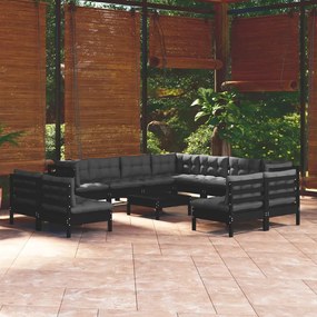 vidaXL 12 pcs conjunto lounge jardim c/ almofadões pinho maciço preto